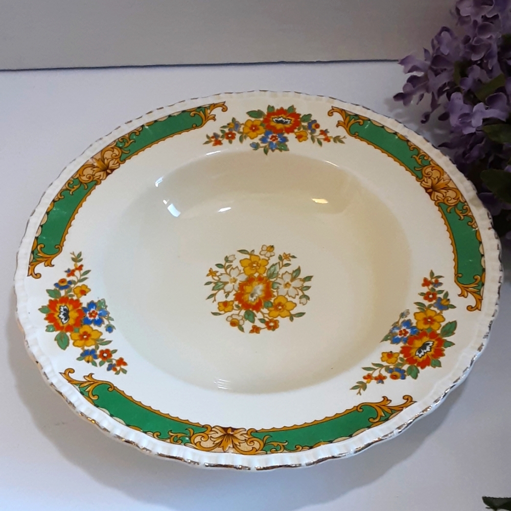 Grindley the Selkirk Soup Bowl Deep Plate Vintage England Green Band Floral